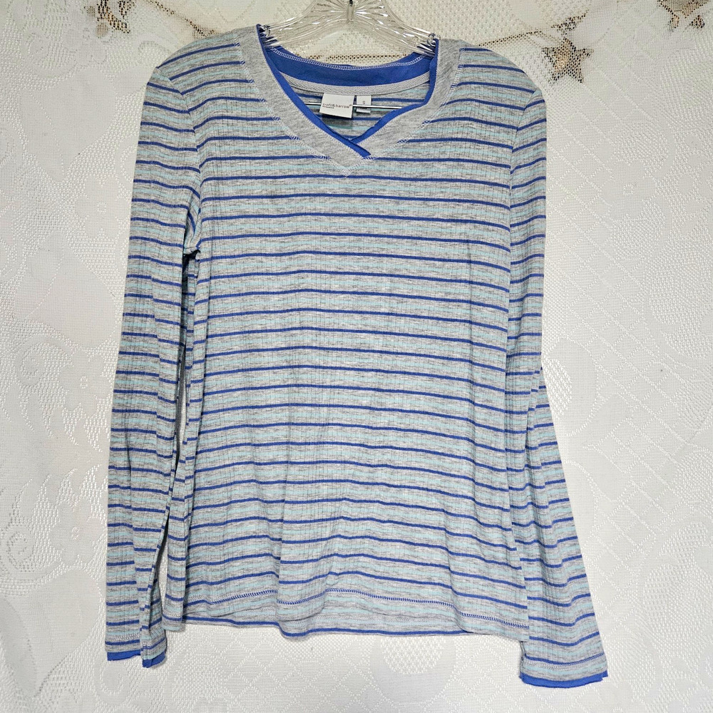 Croft & Barrow Intimates Small Gray Blue Striped V-Neck Knit T-Shirt Soft Cozy
